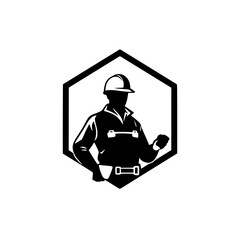 Fototapeta premium Black and White Silhouette of a Construction Worker, Framed in a Hexagonal Shape.