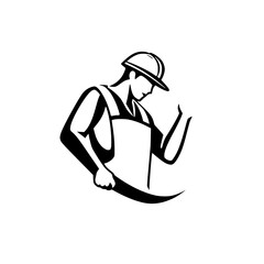 Contractor in Hardhat, holding a tool, construction worker, black and white minimalist illustration, work