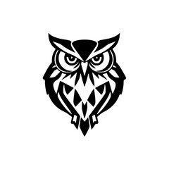 Minimalist Black and White Owl Logo Design: Tribal-Inspired Vector Illustration on White Background