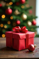 Obraz premium Gift wrapped in red paper with ornaments on table background, gift, bokeh