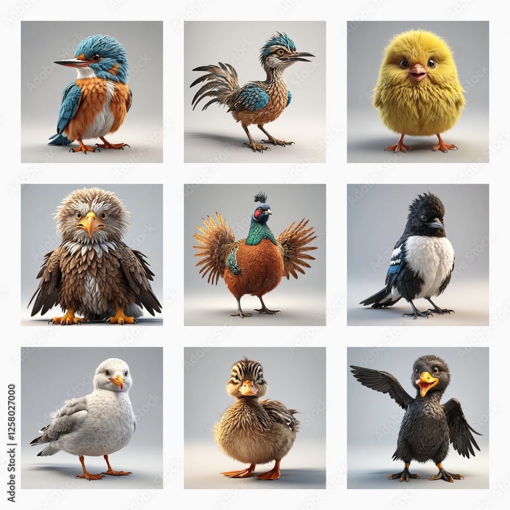 Leinwandbilder A collection of cute 3D bird models, each uniquely posed and colored, are displayed in a grid format.  These charming avian figures showcase various species in a delightful style.