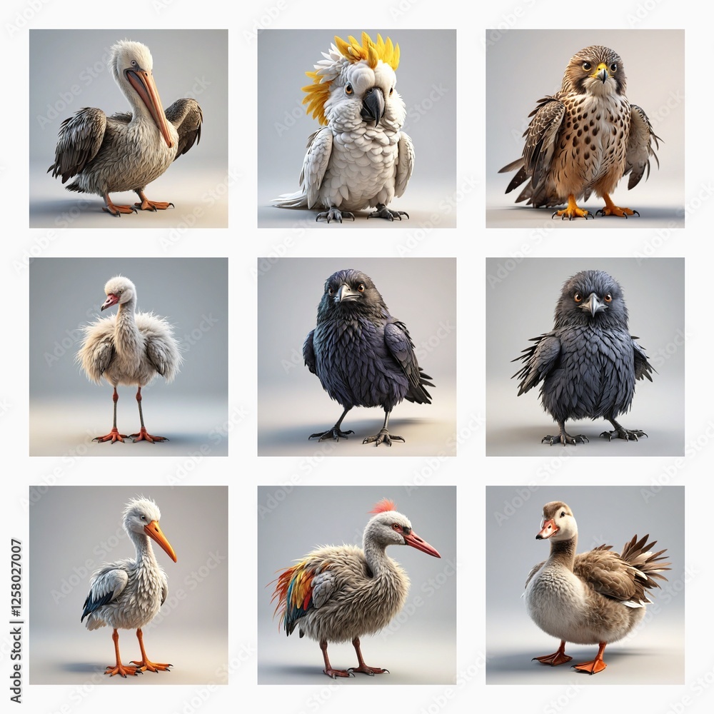 Leinwandbilder A collection of cute 3D bird models showcases diverse avian species in a simple studio setting. Each bird is uniquely rendered with soft textures and poses.