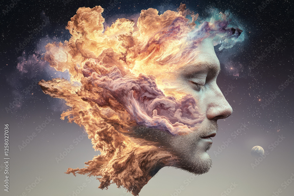 Aufkleber a serene cosmic reflection, showcasing half of a manâ€™s face softly blending into earthâ€™s