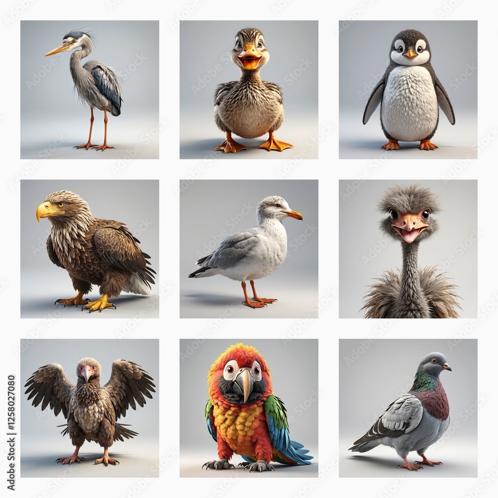 Poster cute 3d bird models showcase diverse avian species. soft, appealing renders present a collection of 