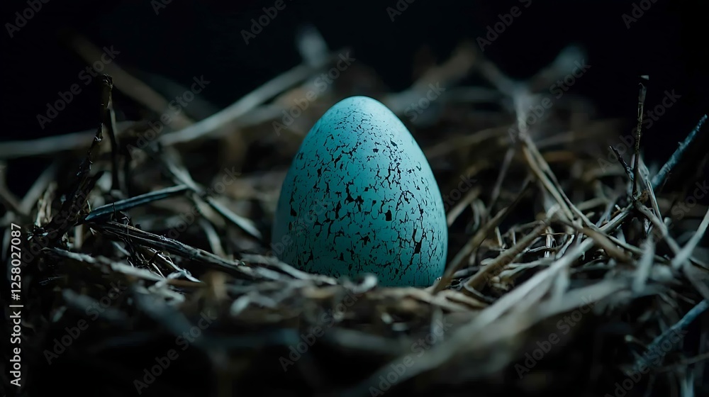 Poster captivating avian egg azure hue resting calmly amidst woven nest displaying delicate textures
