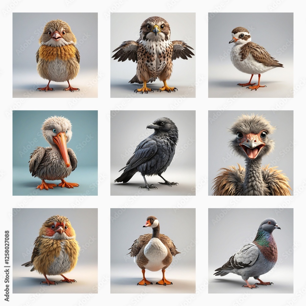 Poster Cute 3D bird models in a grid showcase diverse avian species.  Fluffy textures and cartoonish features are prominent in these digital renderings against plain backgrounds.