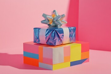 Obraz premium Vividly wrapped present with a matching bow on top of colorful decorative boxes. Perfect for birthdays or holidays.