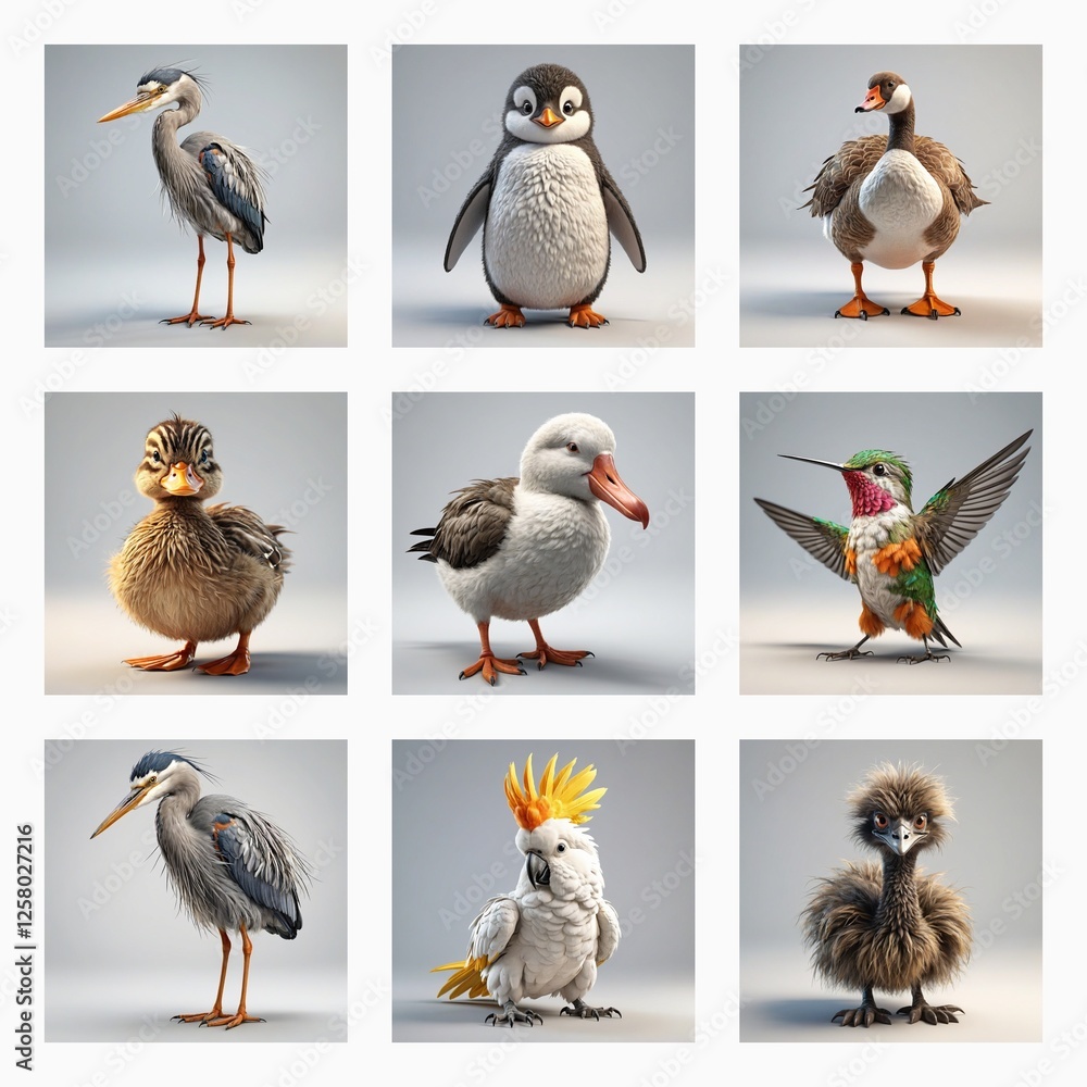 Poster Charming collection of cute 3d bird models are displayed in a grid format.  Each avian model is uniquely posed in a studio setting.