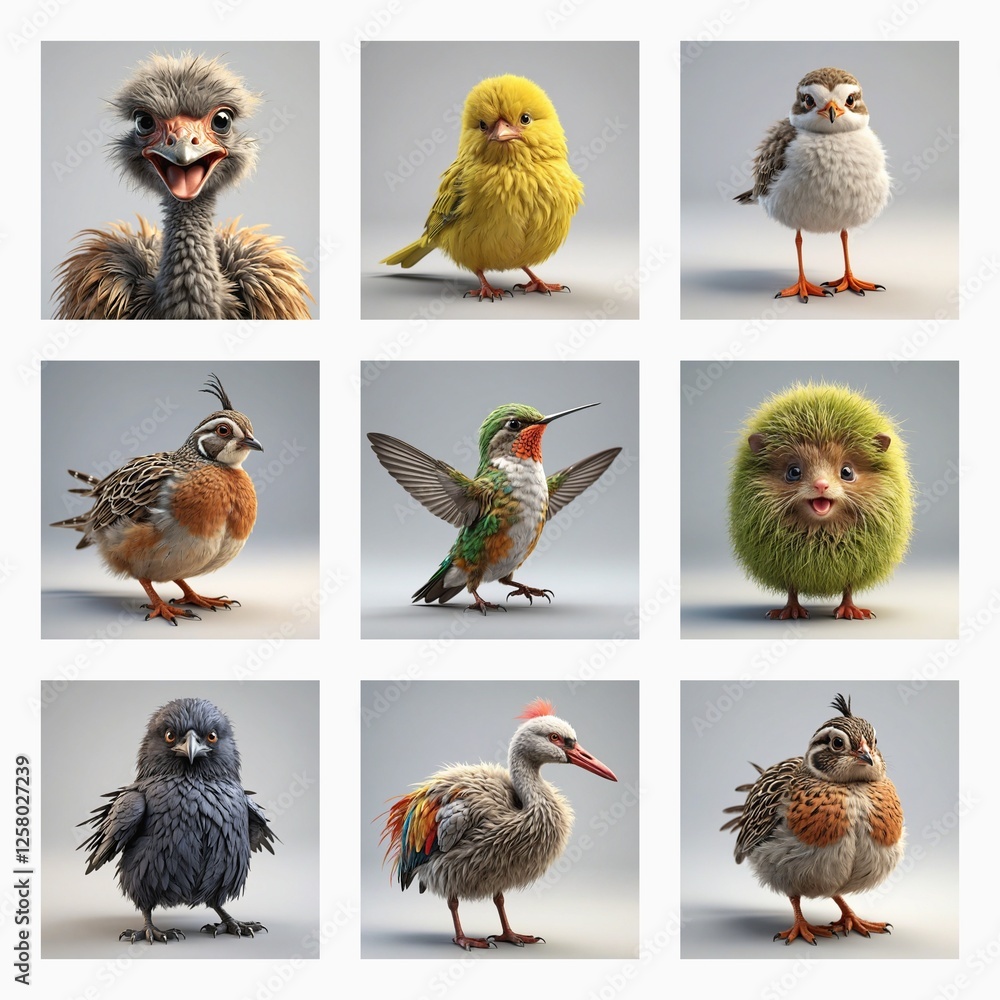 Poster A grid of nine cute 3D bird models.  Various bird species are presented in a simple studio setting. Each bird has a unique pose and color.