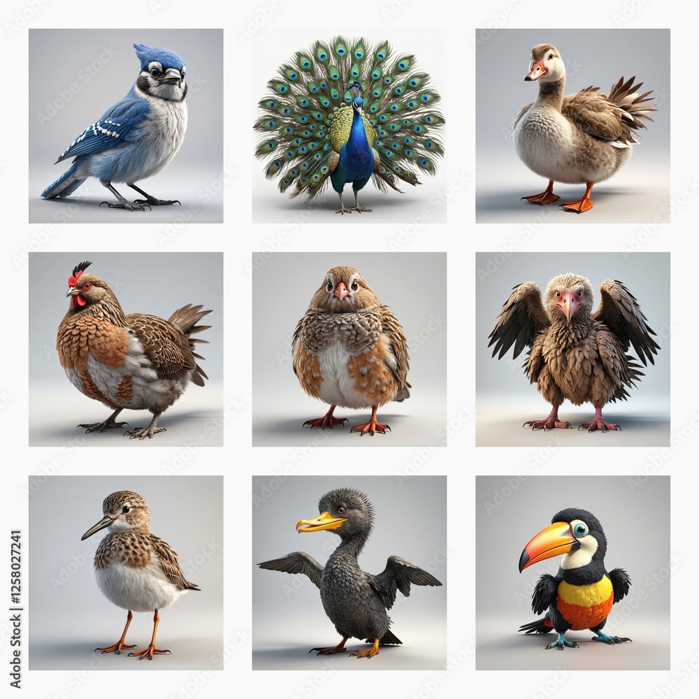 Poster A collection of cute 3D bird models are showcased in a grid.  Various avian species with distinct features are presented in a simple studio setting.