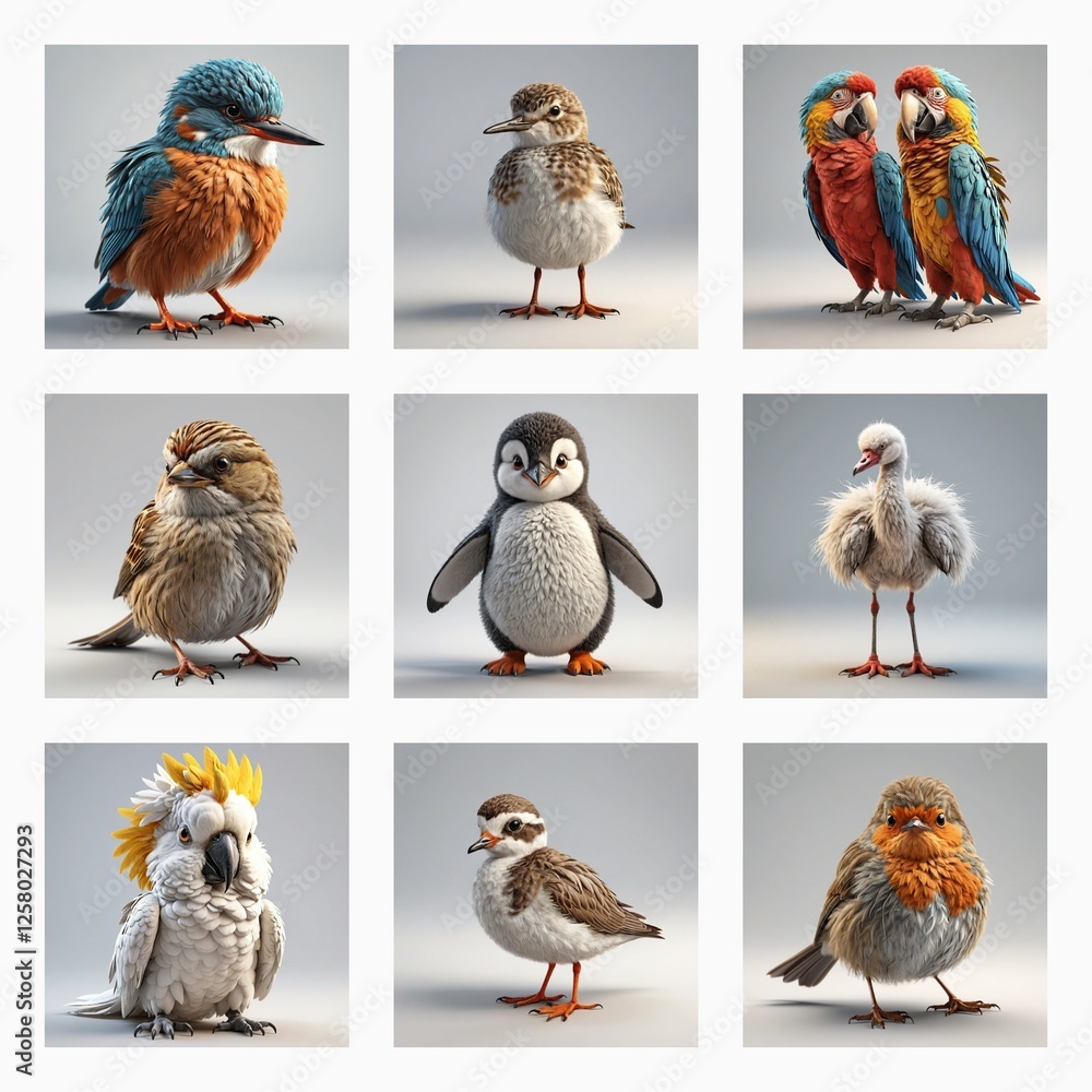 Poster A collection of cute 3d bird models are displayed. Various species are shown with different colors and feather textures, posing on plain backgrounds.