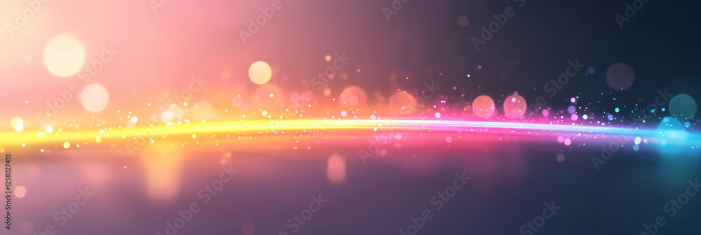 Poster a luminous arc of rainbow hues winding into the shadows, framed by delicate bokeh lights that add a