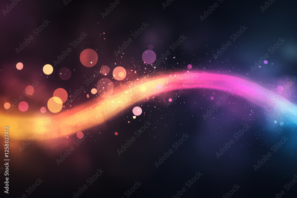 Poster a vibrant rainbow streak arching into a deep, dark backdrop, its edges adorned with soft bokeh