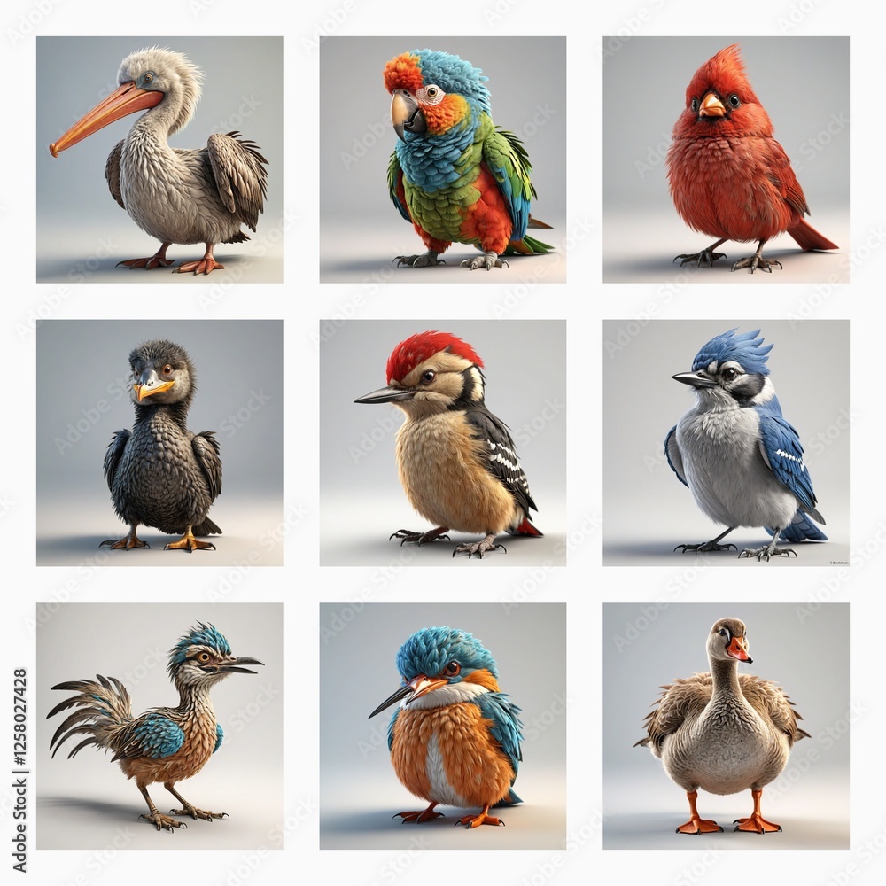 Poster Cute 3D bird models present diverse species in a grid. Each avian figure showcases unique plumage and features in a charming style.