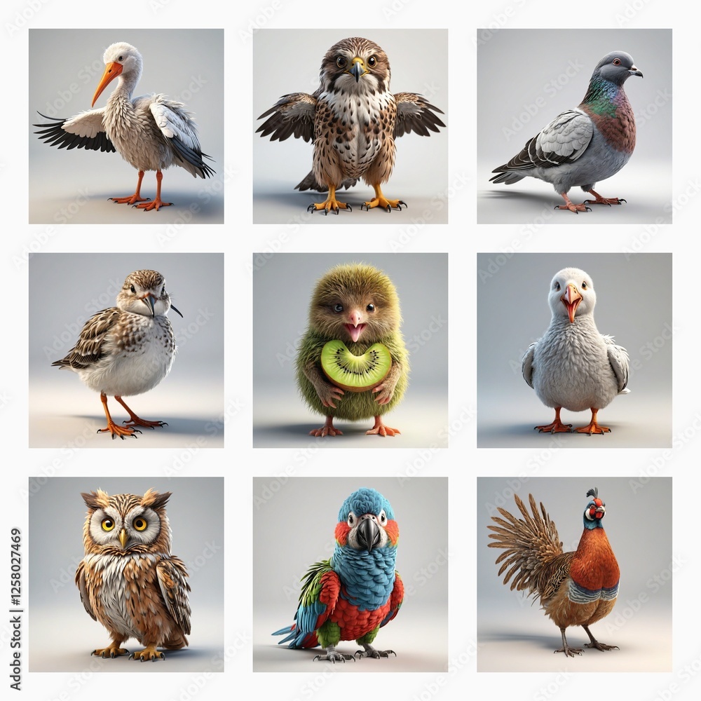 Poster Nine cute 3d bird models are displayed in a grid. Various species are presented in a charming and stylized manner, showcasing avian diversity.