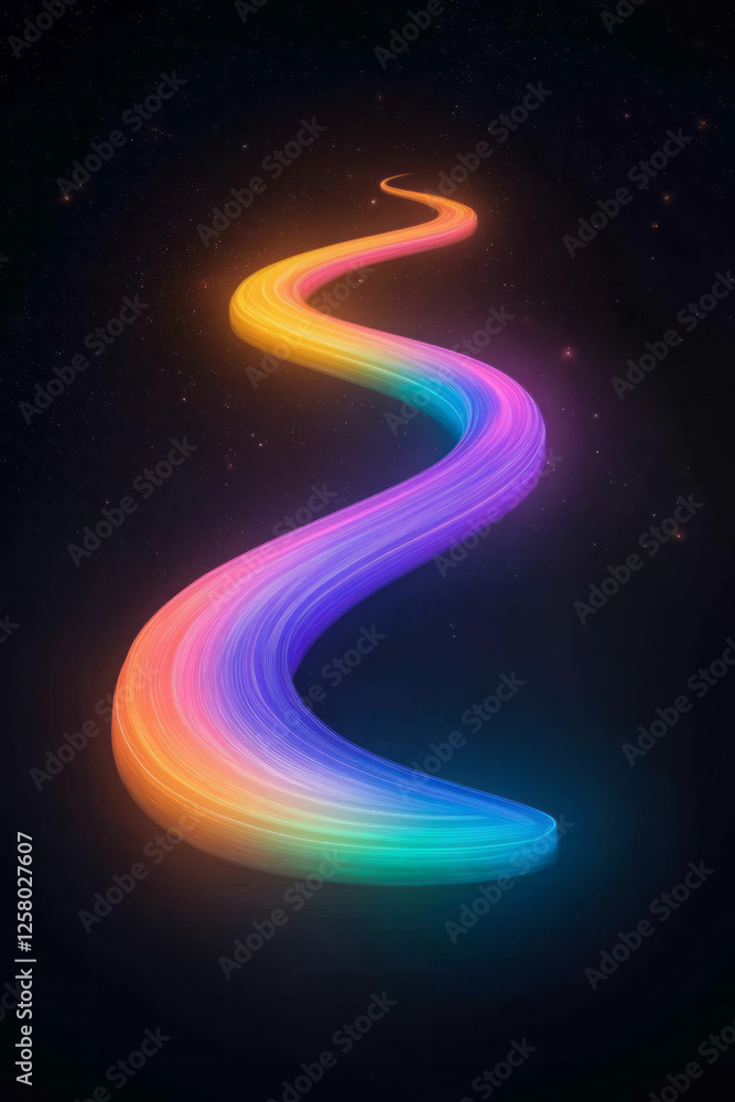 Aufkleber a glowing neon-style rainbow trail winding through space, halos of bokeh gently illuminating its
