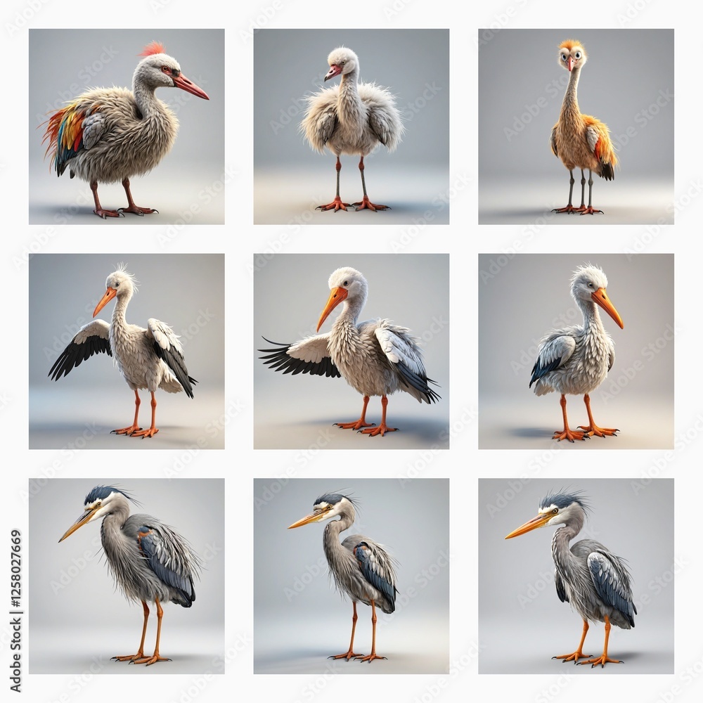 Poster a grid of nine cute 3d bird models. different fluffy feathered birds with long legs are posed agains