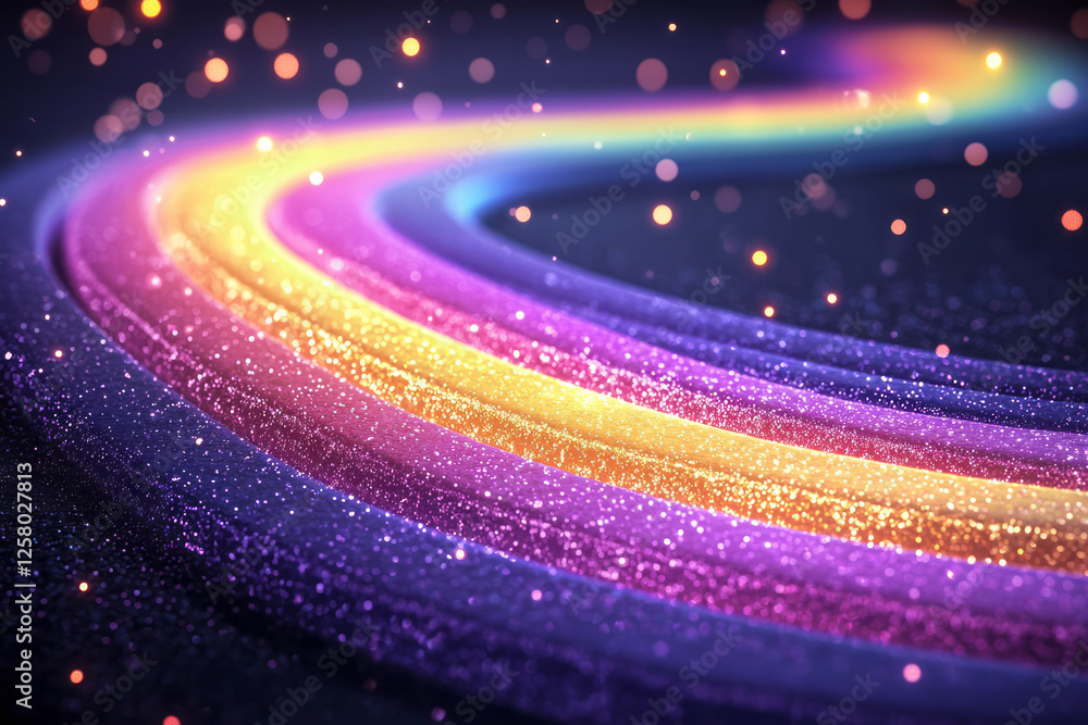 Aufkleber a smooth rainbow path bending away into deep darkness, sprinkled with glinting bokeh lights that