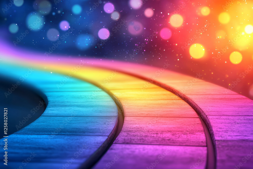 Poster A smooth rainbow path bending away into deep darkness, sprinkled with glinting bokeh lights that