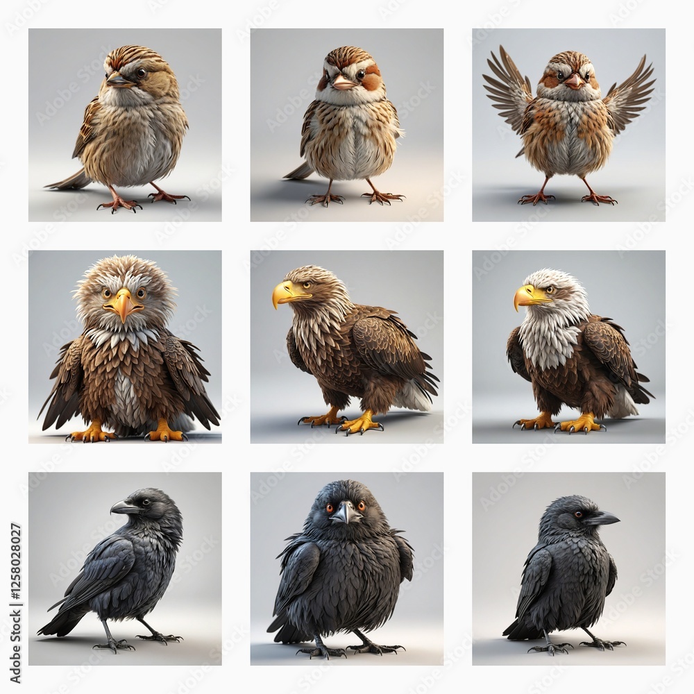 Poster Cute 3d bird models are displayed in a grid format. Various bird types are shown with detailed feathers and a stylized appearance.