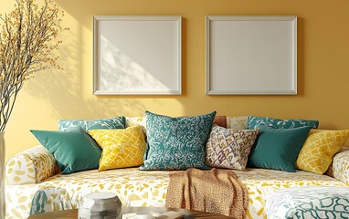 Sunny living room, sofa with pillows, autumn decor, blank frames, interior design mockup