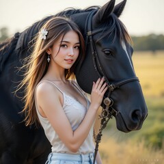 Obraz premium 1dc6b79ad1ec498a99b3457a12097314 gigapixel wow black horse with beautiful woman standard scale 4 00x