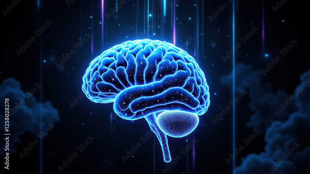 Poster 3d rendering of human brain with ai-inspired background.