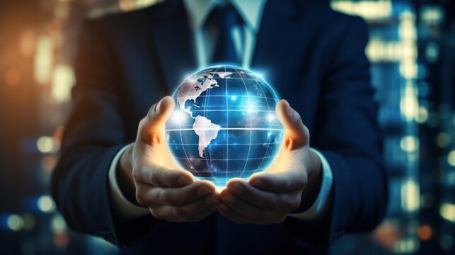 photograph of Businessman holds a holographic globe sphere representing the global network. data connection
