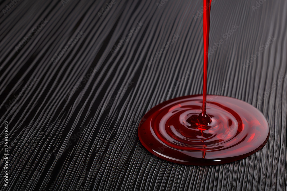 Poster a refined pour of burgundy wine descending in a thin arc, the final drops creating tiny splashes