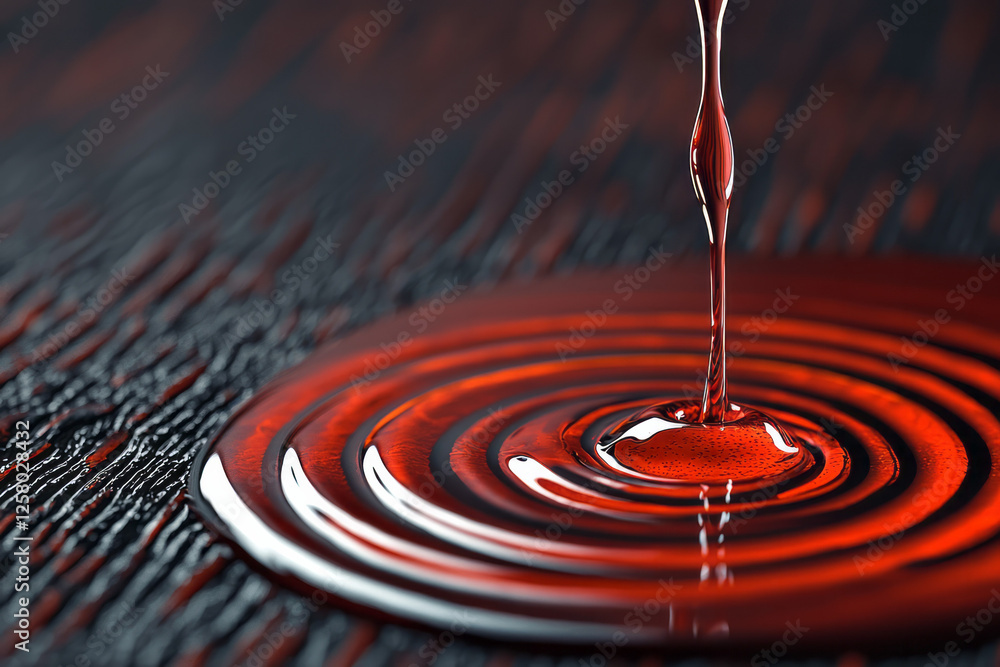 Poster a refined pour of burgundy wine descending in a thin arc, the final drops creating tiny splashes
