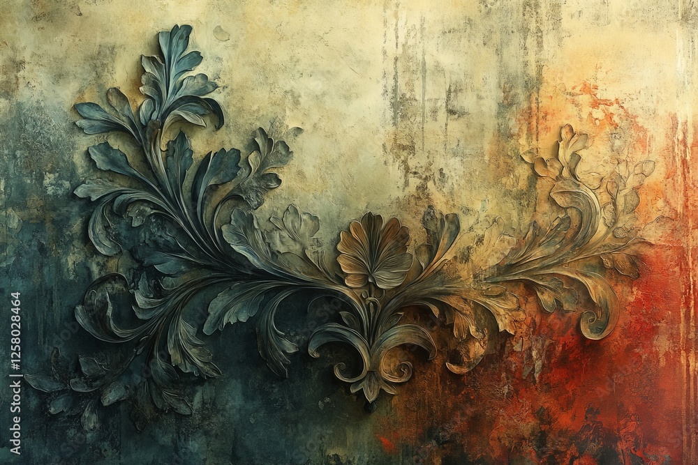 Poster artistic floral relief design with gradient colors and intricate detailing in a textured backdrop