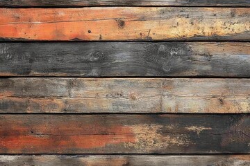 Naklejka premium Rustic wood texture featuring weathered planks with orange and black hues in an artistic arrangement