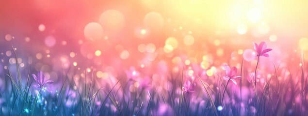 Beautiful blurred background of spring nature on a sunny day with bokeh, green grass, and sun flare.