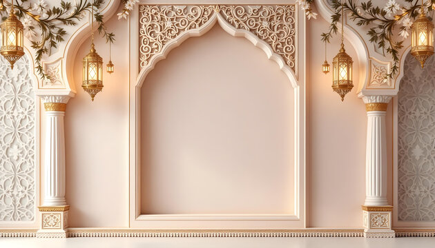 A beautifully designed Ramadan Kareem invitation card with a dark green background, glowing golden lanterns, and symmetrical floral motifs. The central blank space allows for inserting quotes, prayers