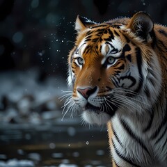 Portrait of a Siberian tiger in the snow with striking orange and black stripes in the wild