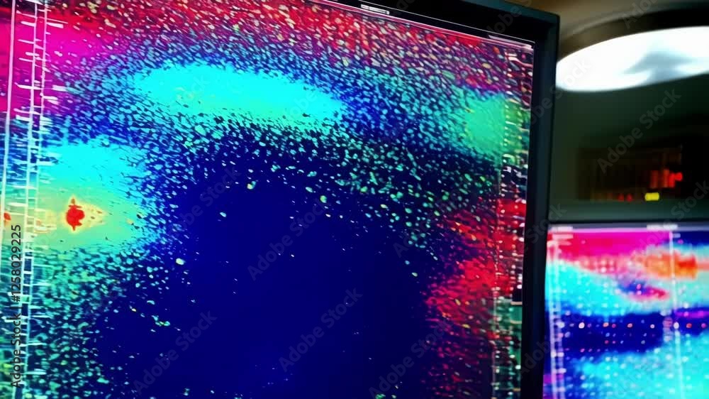 Poster colorful sonar images display dynamic underwater activity, revealing complex patterns and data visua