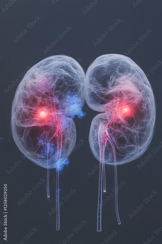 Poster an otherworldly medical rendering with two glowing kidneys shifting between red and blue pulses,