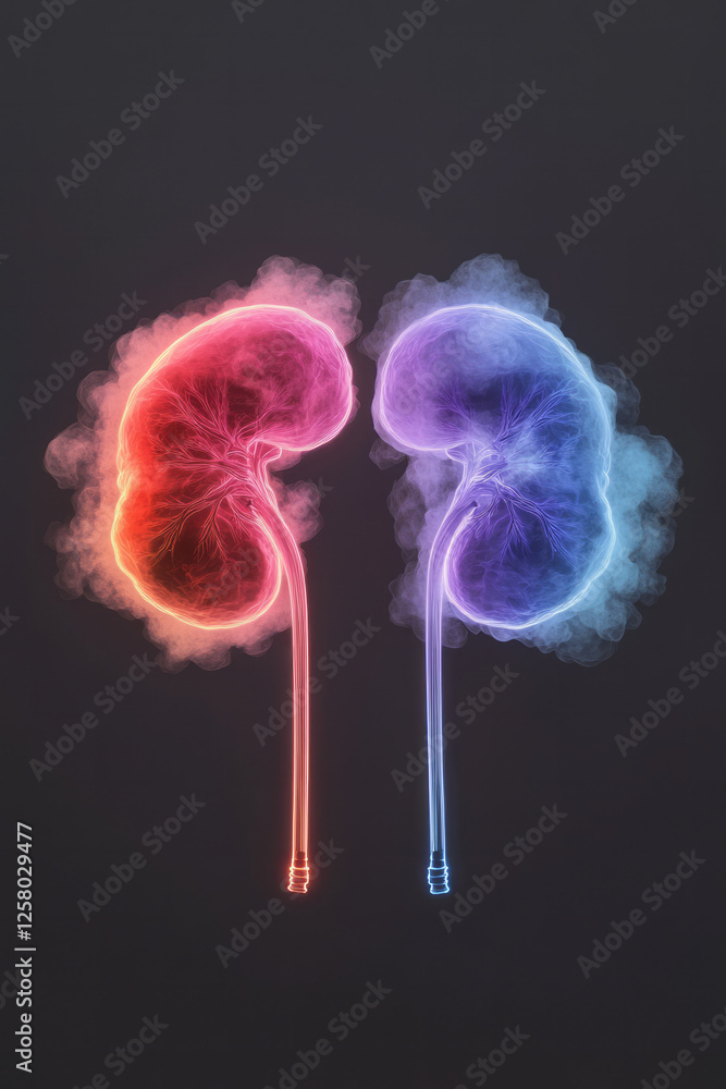 Poster a conceptual design of organs with bold neon outlines, each kidney flickering in tandem between