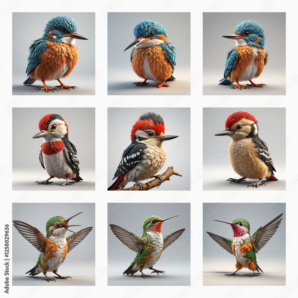 Poster Cute 3d bird models displayed. Various birds in different poses, plain backdrop.