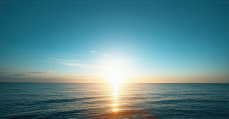 Obraz premium Sun rising over a calm sea, symbolizing happiness awakening with a new day, captured in bright, colorful light, evoking a sense of peace, hope, and renewal