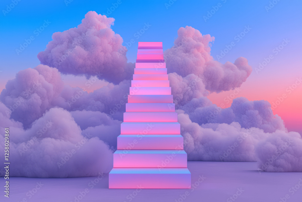 Aufkleber an iridescent pathway made from stacked squares, each reflecting dynamic neon tones, leading to a