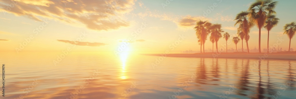 Poster beautiful sunrise over calm water with palm trees lining the shore at a tropical location. generativ