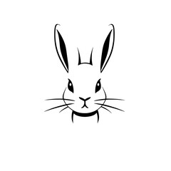 Fototapeta premium Simplified black-and-white illustration of a rabbit's face, focusing on its large, expressive eyes and long ears.