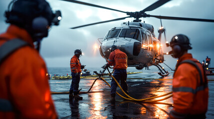 Helicopter refueling at offshore base with workers in safety gear