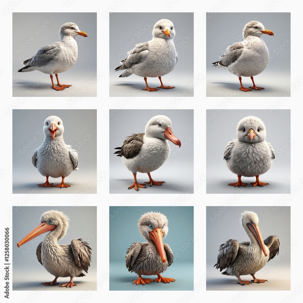 Poster Cute 3D bird models in various poses and angles. Grey and white birds with orange beaks and feet are presented in a soft light studio setting.