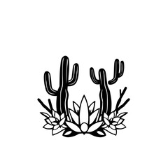 Desert scene featuring cacti and aloe vera in a minimalist black and white illustration.