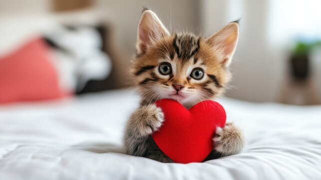 Cute kitten lies next to a fabric heart. Concept for veterinarians, Valentine's Day, pet store