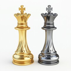 Gold and silver chess pieces on a clean background.
