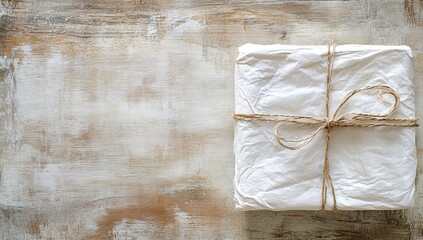 Simply Wrapped Gift Tied with Rustic Twine on Weathered Wood Background