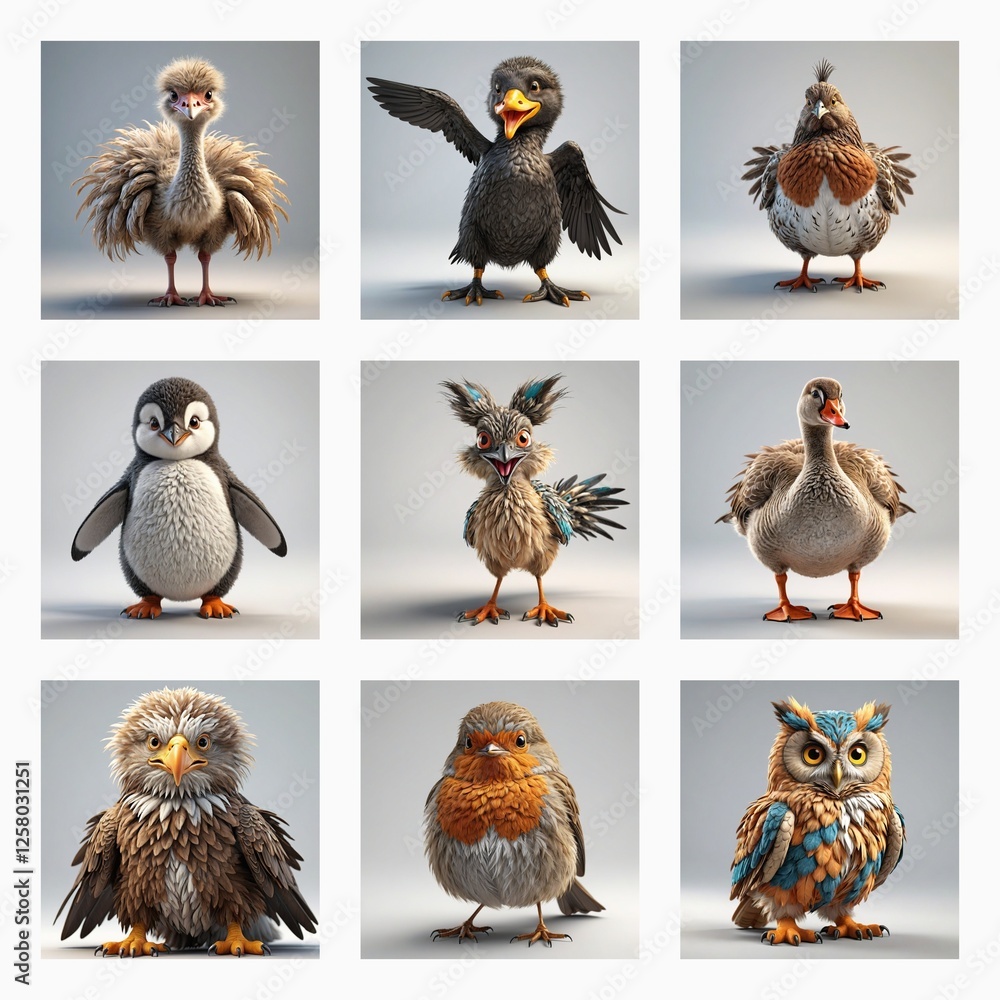 Poster a grid of cute 3d bird models showcases various avian species. these charming and fluffy creatures a